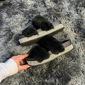Black Fuzzy Bedazzled Slide Sandals